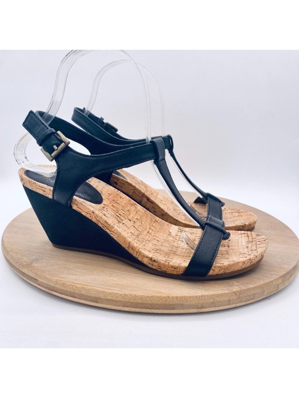 G H Bass Sunjuns Sandals Womens 7.5 Black Vegan Leather Slingback Cork Wedge